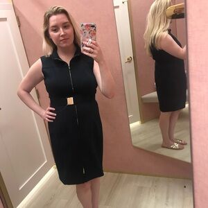 Tommy Hilfiger Sleeveless Navy Zip-Front Sheath Dress with Gold Belt Accent